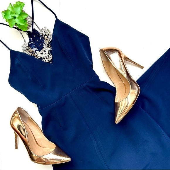 Lovers and Friends Helena Gown in Navy Lace Open Back V-Neck Slit Sleeveless 2 - Picture 2 of 13